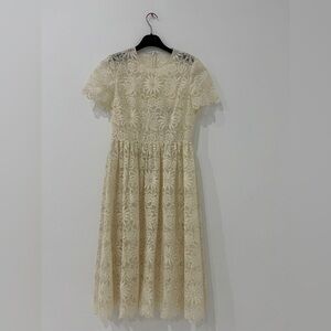 $6250 Valentino Women Beige Floral Lace Organza Scalloped Midi Dress